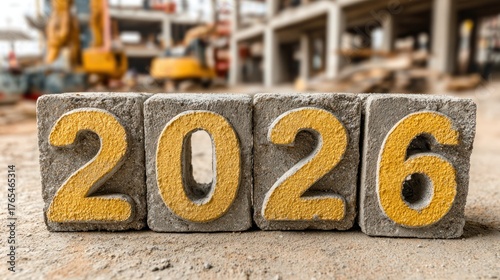 Concrete blocks with yellow 2026 numbers stand on dusty ground at a blurred construction site