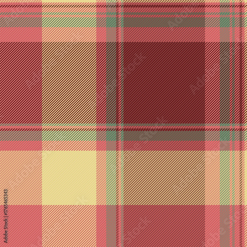 Linen fabric plaid vector, vivid texture seamless background. Tribal pattern textile check tartan in red and yellow colors.