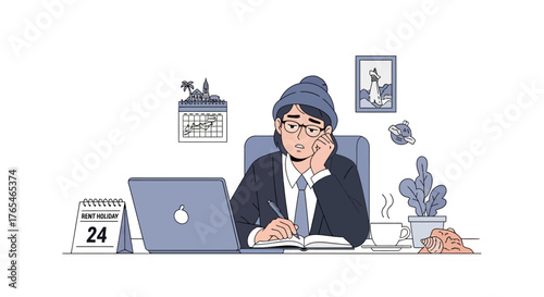 Thoughtful person at a desk working on laptop, with calendar and potted plants nearby