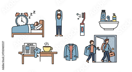 A collection of simple line icons illustrating a man's daily morning routine from waking up to leaving for work