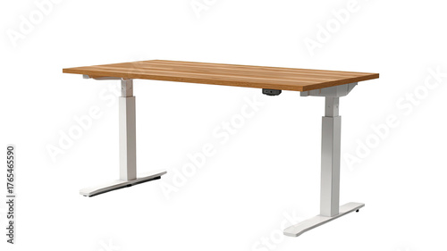 Oak desk with white legs, adjustable height, against black background