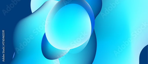 Abstract blue shapes overlap, creating fluid forms. Light gradients suggest depth, texture, modern design. Minimalist composition.