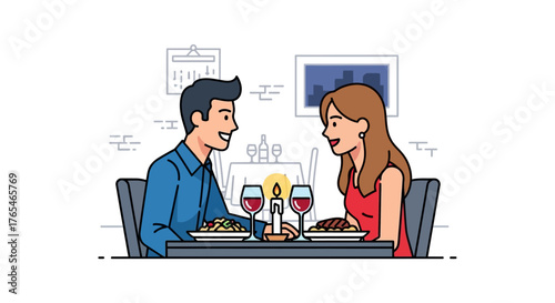 Happy couple on a romantic date night, enjoying food and wine at a candlelit table while having a pleasant conversation