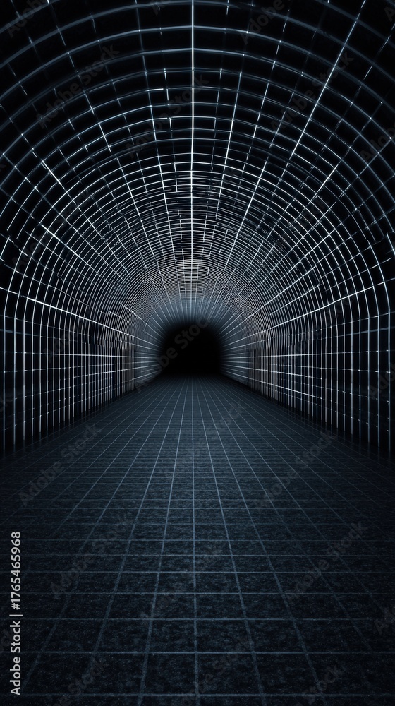 Obraz premium A dark tunnel with a grid overlay creates an atmospheric perspective, suitable for concepts like mystery, technology, or exploration, Ideal for backgrounds, digital art, or thematic illustrations,