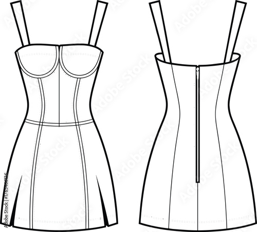 Women’s fitted corset dress flat sketch, sleeveless mini dress with bustier seams and back zipper, fashion CAD template