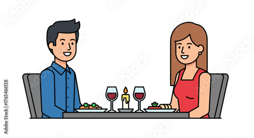 Romantic Dinner Date Smiling Couple Enjoying Meal with Wine and Candlelight