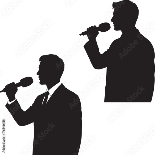 Two silhouettes of a man in a suit speaking into a microphone broadcaster or speaker