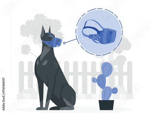 Great Dane dog wearing a blue muzzle with polka dots in an outdoor setting with a fence and potted cactus