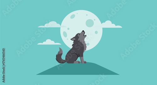 A lone wolf howling at the full moon in the night sky.