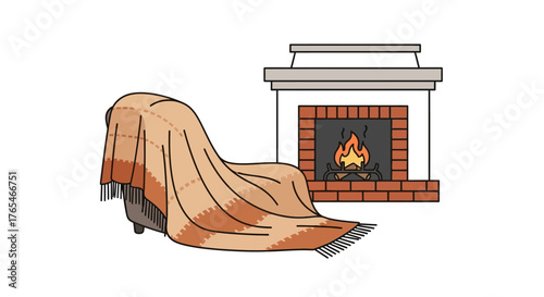 Hygge lifestyle concept featuring a cozy armchair with a warm blanket by a burning fireplace on a white background