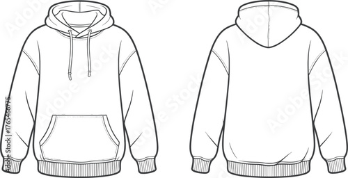 Hoodie flat sketch, sweatshirt drawing, fashion design vector, apparel template, garment illustration, casual wear, hooded pullover, kangaroo pocket, ribbed cuffs, clothing outline