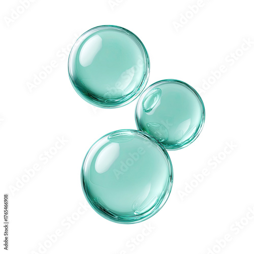 Trio of translucent turquoise liquid spheres, isolated on black