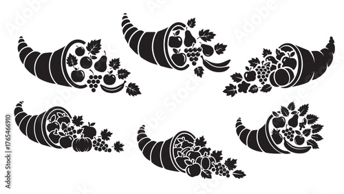 Cornucopia Harvest horn silhouette spilling fruit and leaves, bold black thanksgiving icon for autumn feast menus, seasonal labels, and fall branding