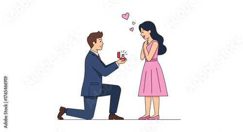 Joyful marriage proposal moment, a man on one knee offering an engagement ring to his surprised and happy partner, symbolizing love and commitment