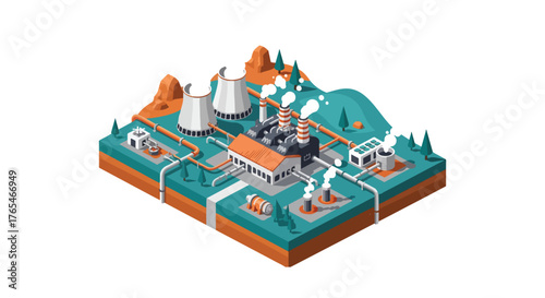 Geothermal Power Plant Vector – Renewable Geothermal Energy Vector – Sustainable Power graphic and Eco Industry Illustration