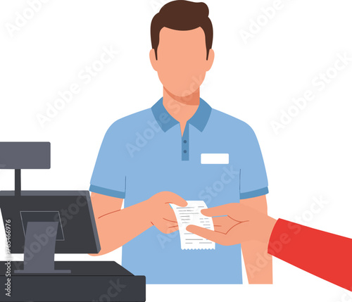 Cashier handing receipt to customer after payment transaction at register