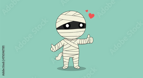 Cute mummy character giving thumbs up with hearts in the background.