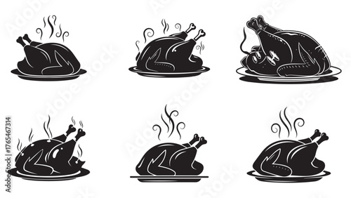 Whole Roast turkey on platter with steam cut-outs and upright drumsticks, bold black feast icon for holiday dinner menus and kitchen graphics