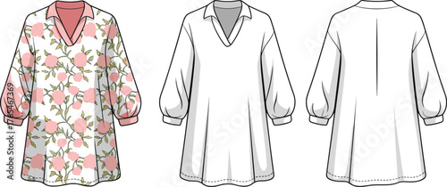 Floral tunic blouse flat sketch front and back view, CAD fashion vector illustration, women’s V-neck long sleeve top templateFloral tunic blouse flat sketch front and back view