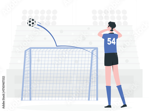 Soccer player looking frustrated as ball misses goal, stadium background football