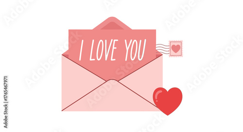 Romantic Envelope with 'I Love You' Message, Heart Icon, and Stamp Illustration