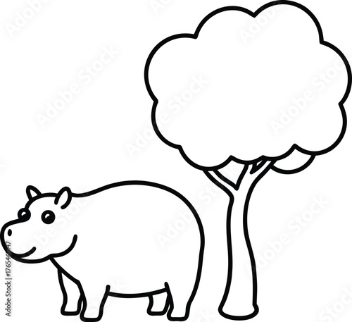 Hippo Standing Under A Tree With Shade Simple Fun Animal For Kids Art COLORING PAGE OUTLINT LINR ART