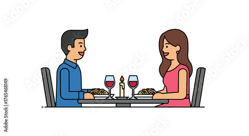 A couple enjoying a romantic dinner date at a table with food and wine, celebrating love