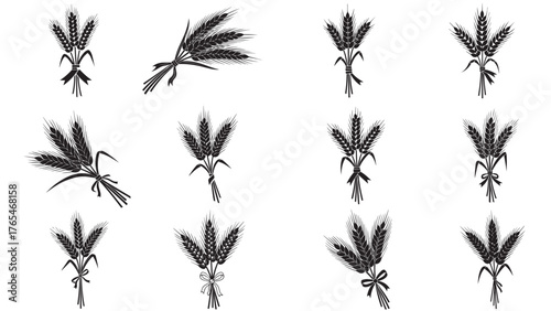 Wheat stalk bundle silhouette with ribbon tie and barbed heads, bold black harvest icon for bakery labels, farm branding, and rustic fall design