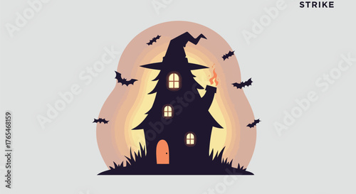 Spooky Halloween House Silhouette with Bats and Moon.