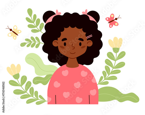 Cute ethnic curly Girl with Flowers, Leaves and butterflies. Female Portrait Pretty Character. Vector illustration. Kids collection. Not AI