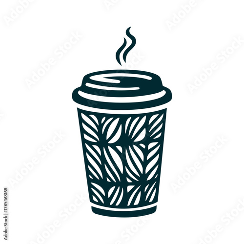 Stylish Coffee Cup Icon with Floral Design A cream coffee cup with a lid rests on a vanilla background