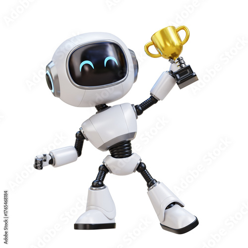 3D Cartoon Cute Robot Holding Winner Trophy Celebration of Success