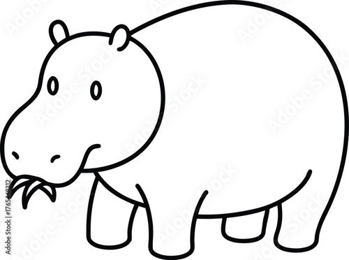 Hippo With Round Cheeks Eating Grass Simple Cute Animal For Kids Art COLORING PAGE OUTLINT LINR ART