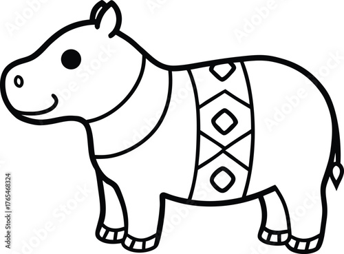 Hippo With Tribal Patterns On Its Body Decorative Fun Animal For Kids COLORING PAGE OUTLINT LINR ART