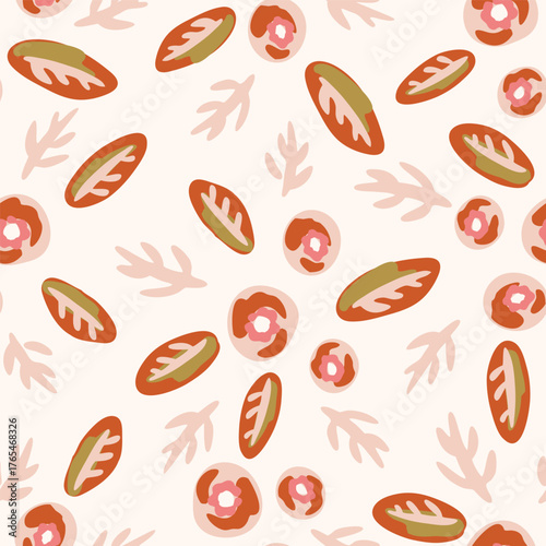 Holiday themed round flowers, leaves and twigs as a minimalist holiday floral pattern in colors of red, peach, cream and green on a beige background. Christmas seamless vector pattern. Great for homes