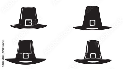 Pilgrim Hat silhouette with flat brim and buckle cut-out, classic black thanksgiving icon for heritage themes, feast menus, and fall promotions