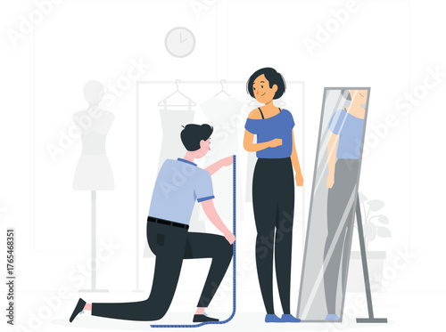 Tailor measuring a woman's dress size in a fitting room with a mirror dressmaker seamstress