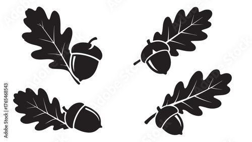 Oak leaf with acorn joined silhouette, clean black autumn botanic icon for seasonal packaging, woodland labels, and thanksgiving decor