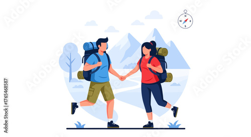 Adventurous couple exploring nature's beauty on a thrilling mountain hike, hand in hand, discovering new paths together