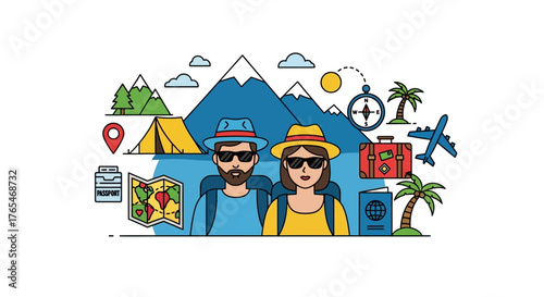A couple of tourists on a travel adventure vacation with hiking and camping icons. Flat line vector illustration for tourism and exploration