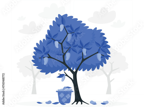 Blue Mango Tree with Basket and Fallen Fruit mangoes