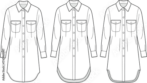 Women’s shirt dress flat sketch, long sleeve tunic technical drawing, CAD fashion design vector template, apparel flat illustration for garment design