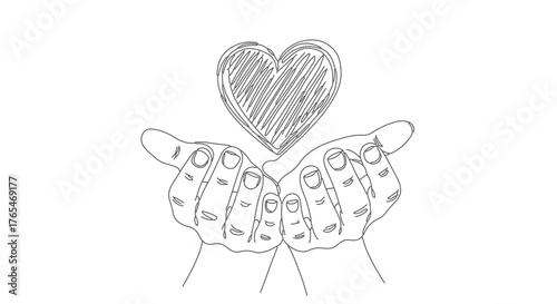Continuous Line Drawing One Heart Floating Above Open Hands, a gesture of love and care