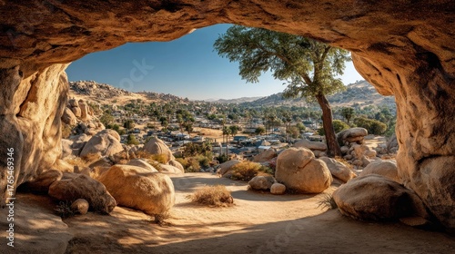 Inside a sunlit cave, a view of a rocky desert valley, distant village, and green trees