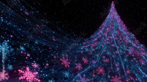 Wallpaper Mural Neon Glowing Christmas Tree Background with Snowflakes and Stars in Night Sky Torontodigital.ca