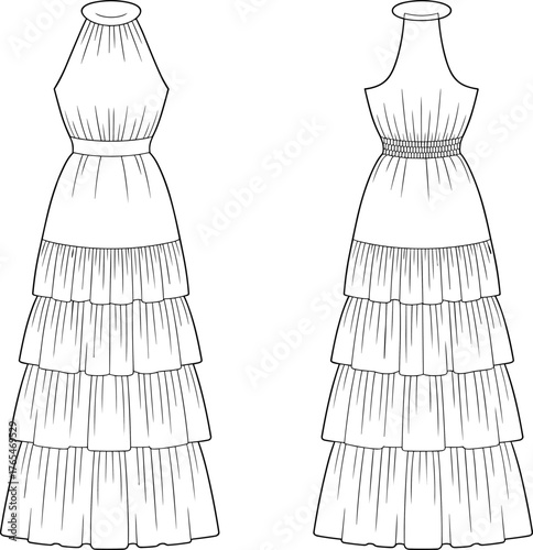CAD drawing flat vector illustration, sleeveless tiered maxi dress, fashion flat sketch, garment design template