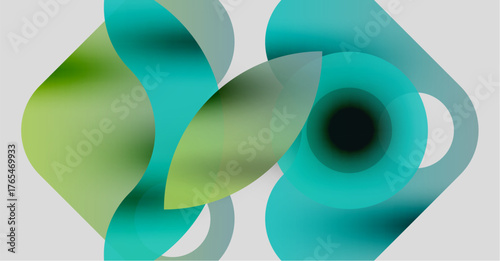 Abstract composition featuring overlapping translucent shapes. Colors blend from green to teal, creating fluid forms. Minimalist design, soft gradients.