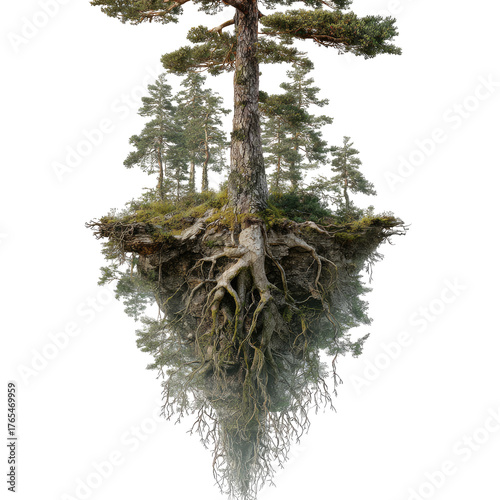 Upside-down forest tree, roots exposed, surreal and fantastical scene