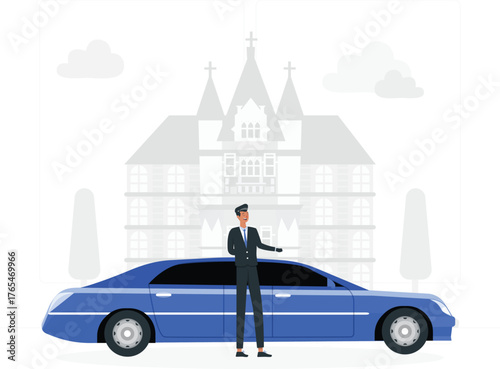 Man in suit standing next to a blue luxury car in front of a building vehicle transportation