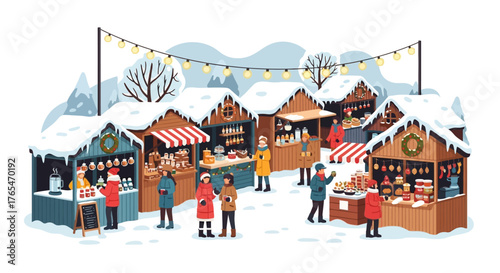Vibrant Winter Festival Market Scene with People Exploring Festive Stalls, Snow-Covered Landscape, and Twinkling Lights